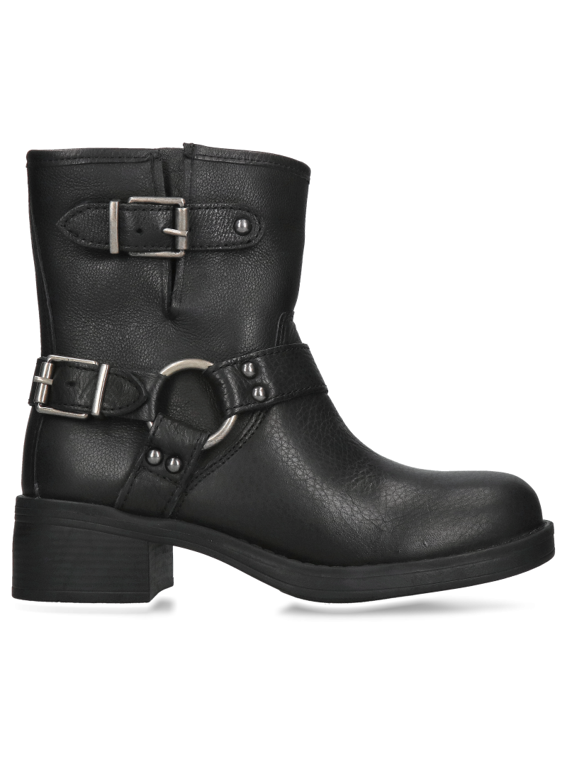 Women's insulated black leather boots with decorative buckles, Konopka Shoes