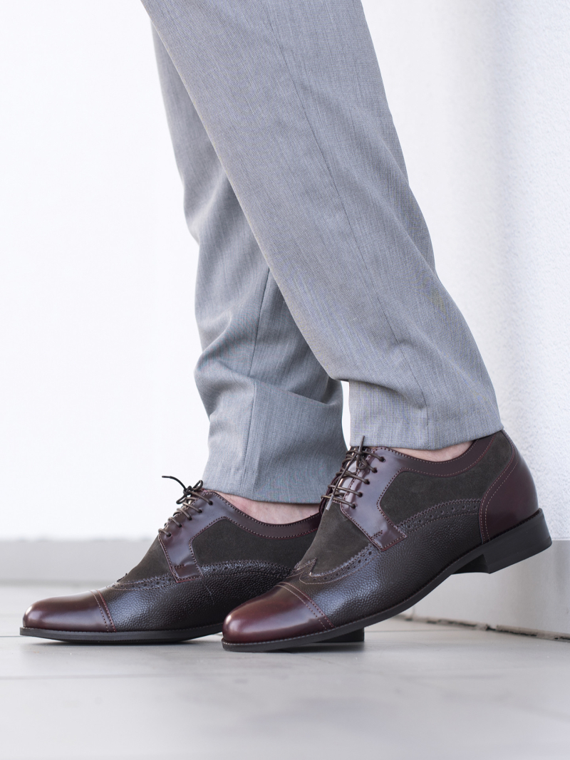 Bordowo-brązowe derby podwyższające Bruce +7 cm, Conhpol, Konopka Shoes