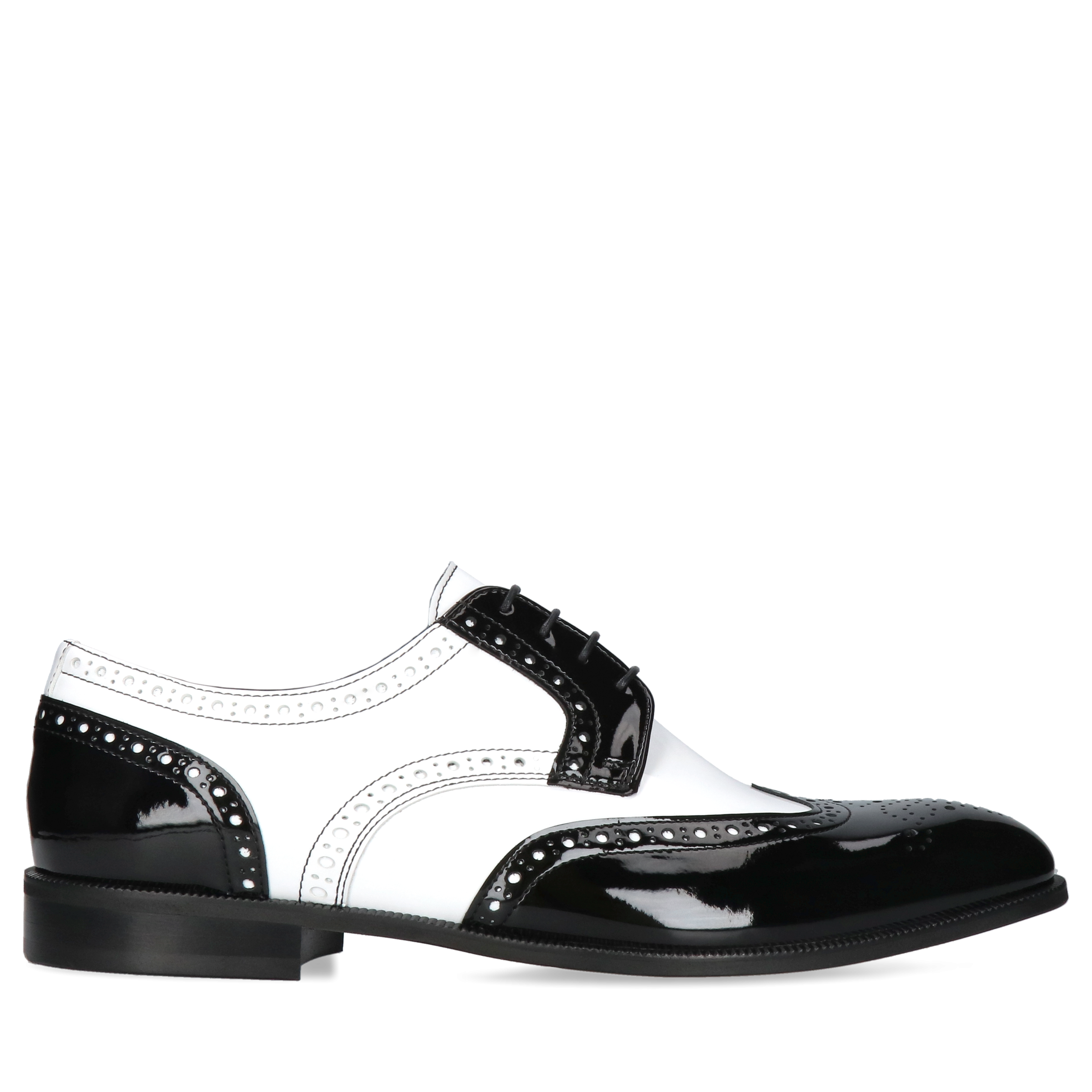 Męskie buty czarno-białe eleganckie derby, skórzane lakierki, Conhpol, Konopka Shoes