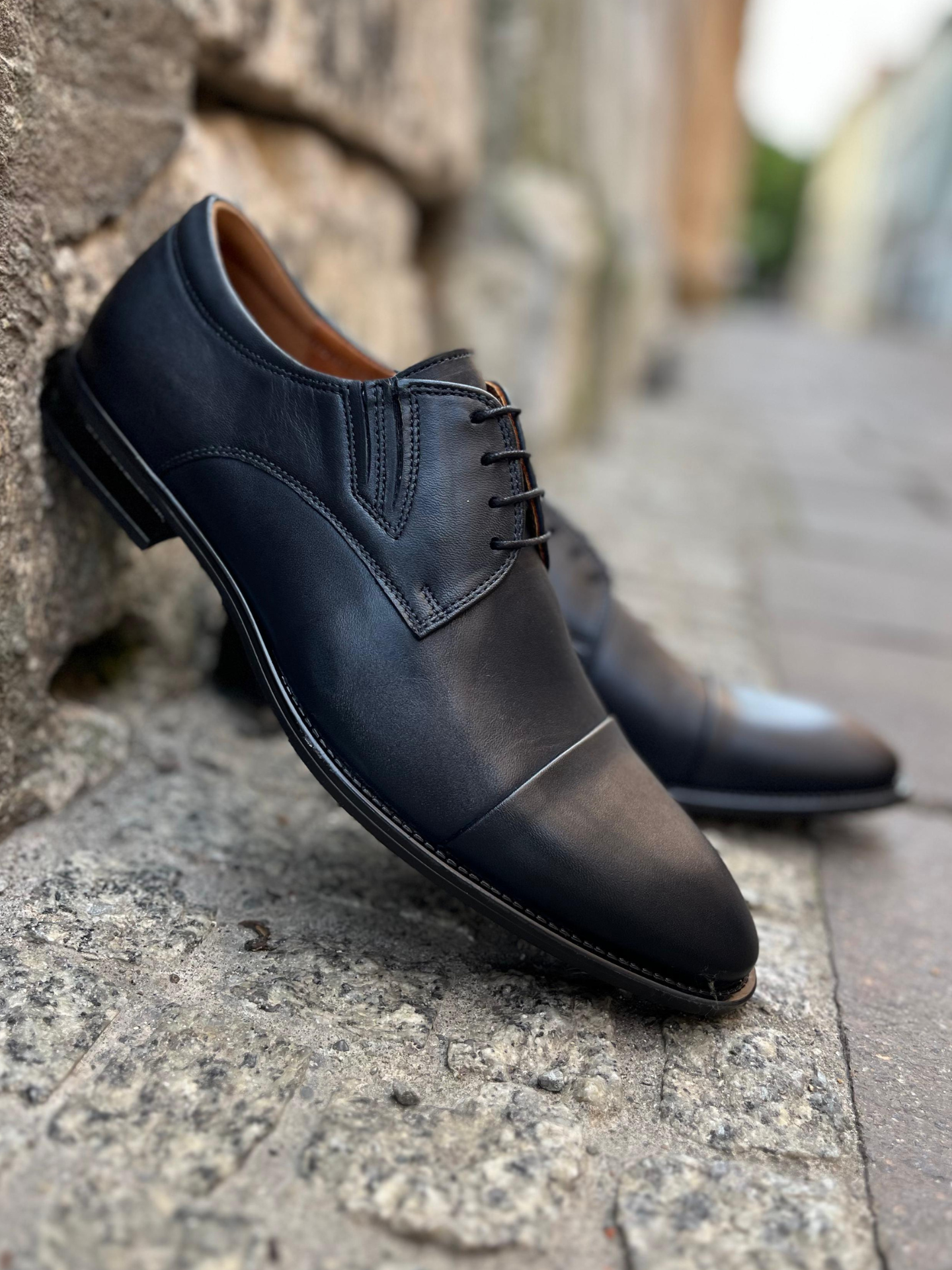 Męskie buty granatowe, eleganckie derby, skóra licowa, Conhpol, Konopka Shoes